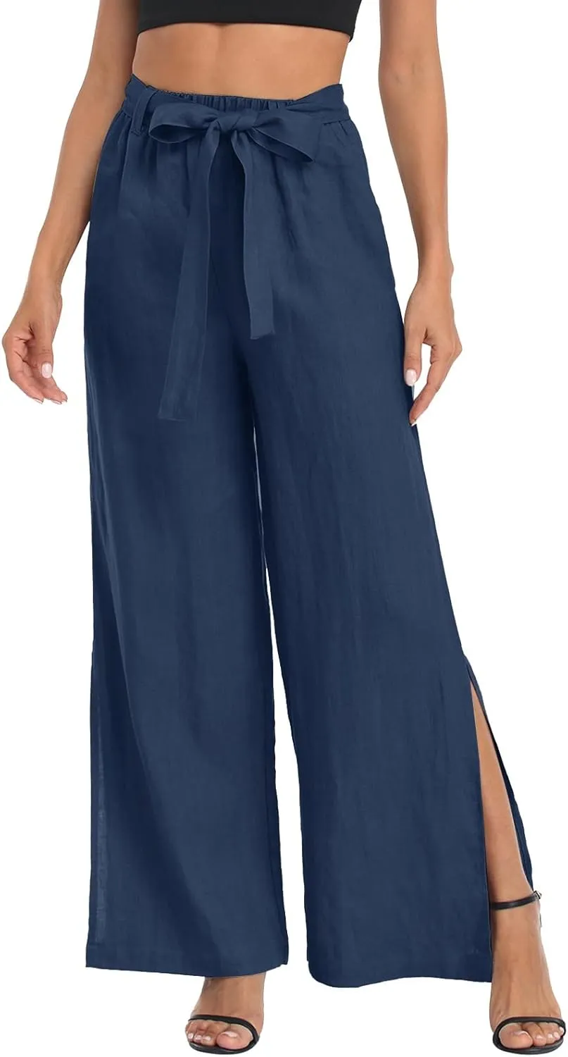 Women's Cotton Linen Summer Floral Palazzo Pants Elastic Waisted Bootcut Slim Fit Trousers Travel