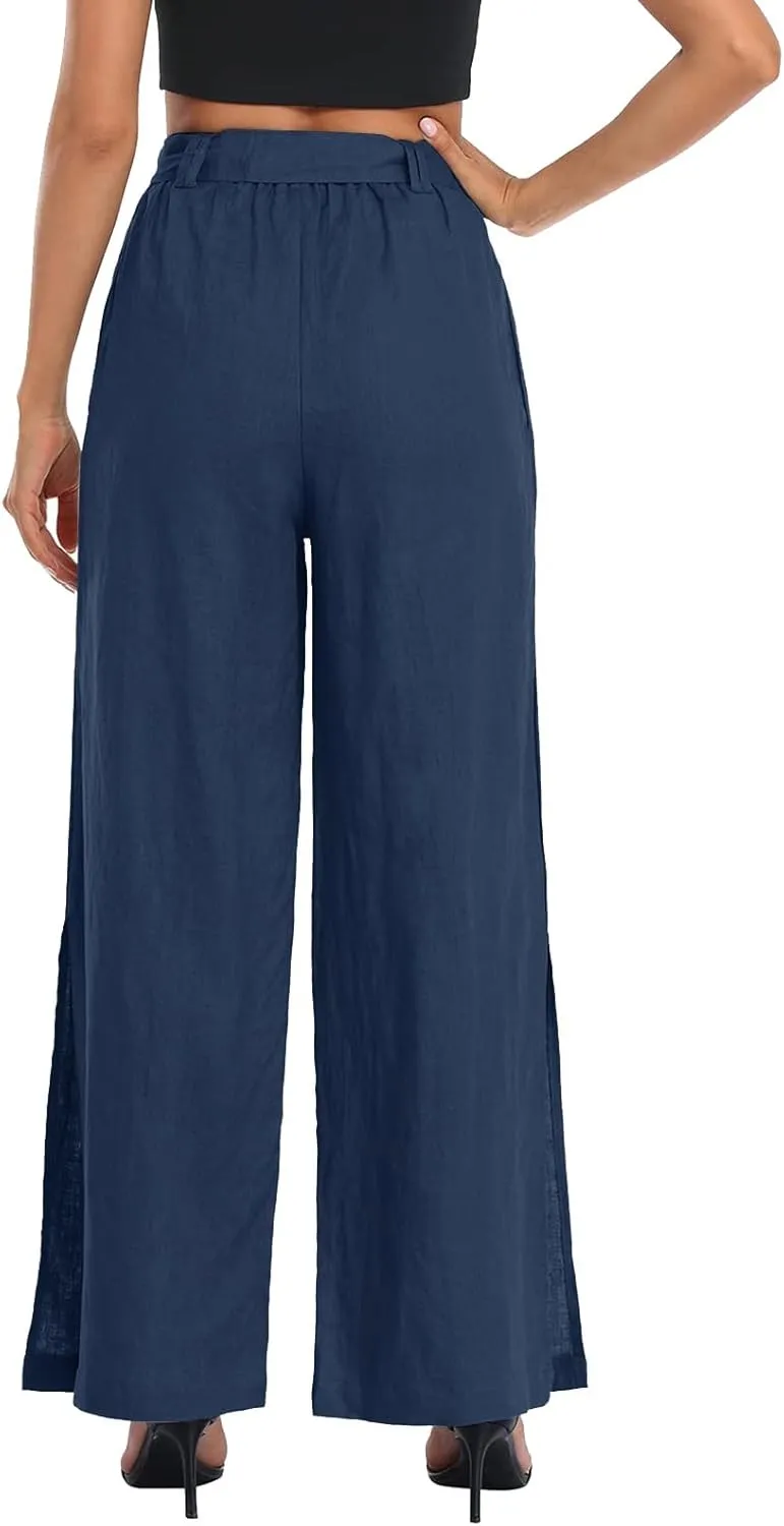 Women's Cotton Linen Summer Floral Palazzo Pants Elastic Waisted Bootcut Slim Fit Trousers Travel