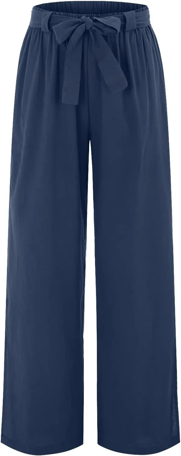 Women's Cotton Linen Summer Floral Palazzo Pants Elastic Waisted Bootcut Slim Fit Trousers Travel