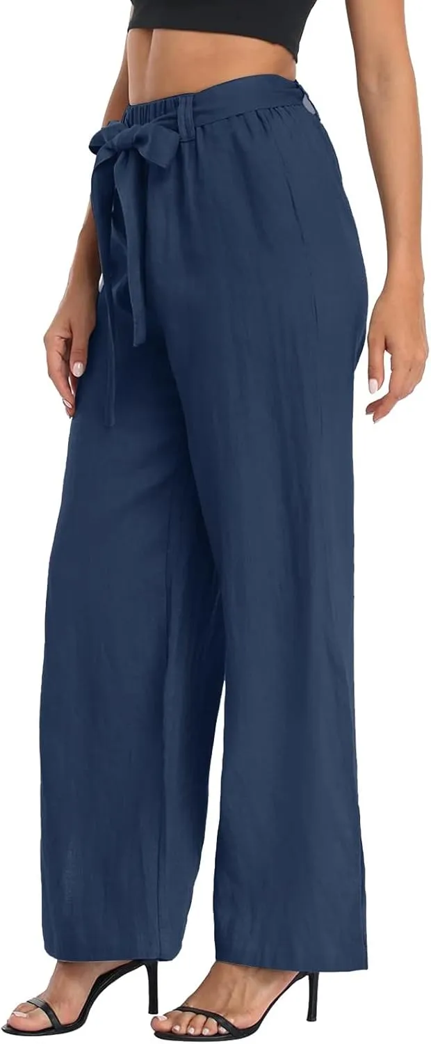 Women's Cotton Linen Summer Floral Palazzo Pants Elastic Waisted Bootcut Slim Fit Trousers Travel