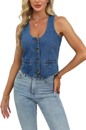 Womens Denim Vest Sleeveless Cropped V neck Jean Vest Casual Y2K Button Down Suit Waistcoat Tops
