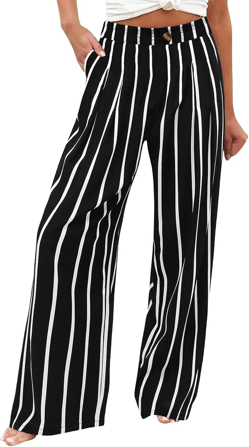 Women's Dress Pants Cotton Linen Wide Leg Pants with Pockets Button Down Office Pleated Business Casual Work Trousers