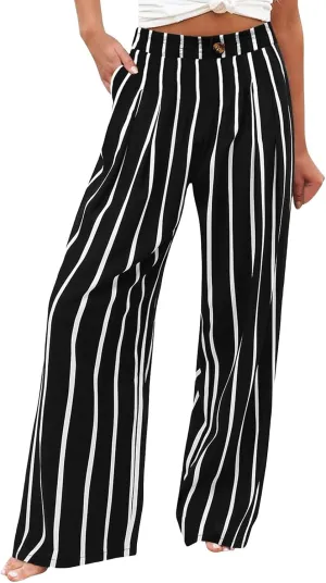 Women's Dress Pants Cotton Linen Wide Leg Pants with Pockets Button Down Office Pleated Business Casual Work Trousers