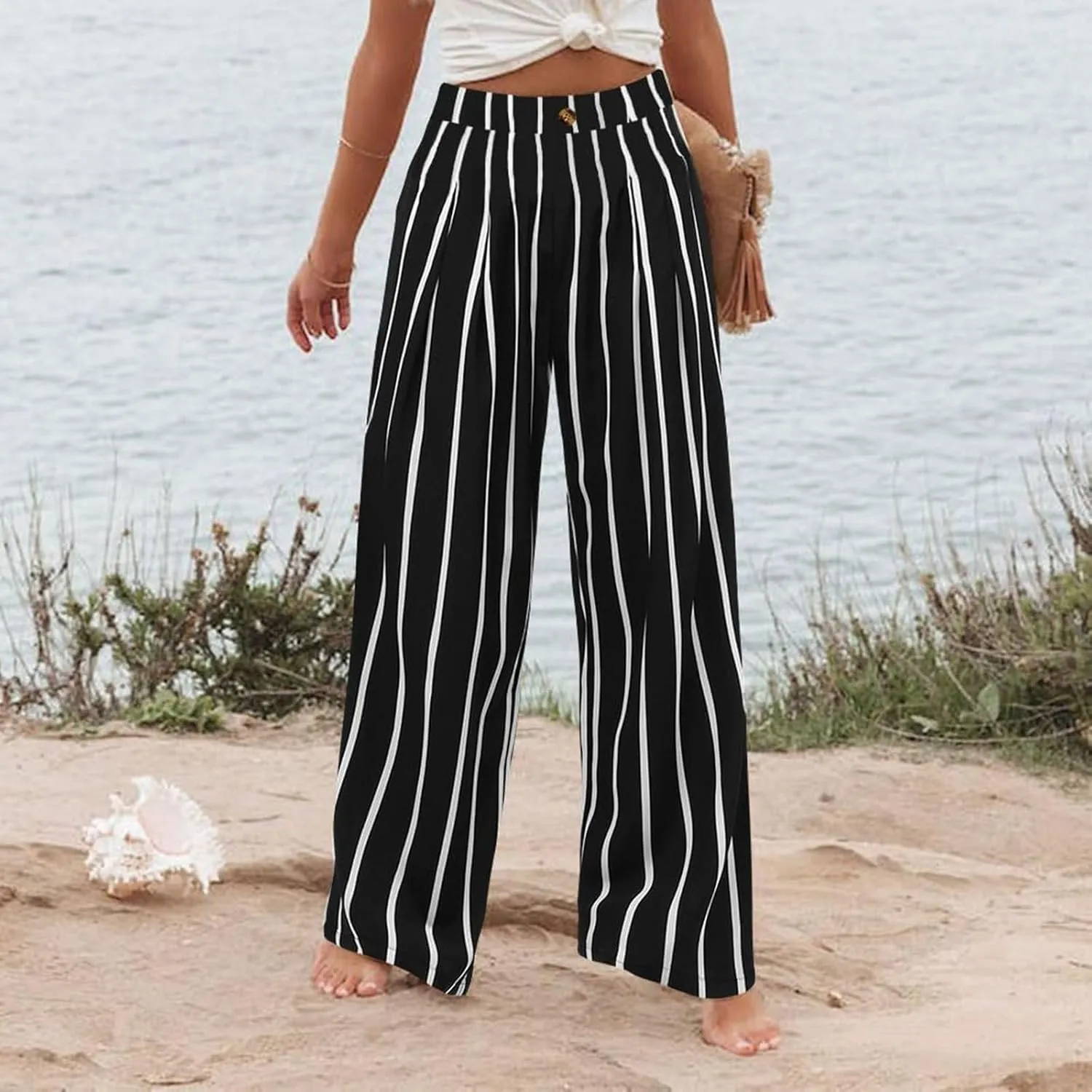 Women's Dress Pants Cotton Linen Wide Leg Pants with Pockets Button Down Office Pleated Business Casual Work Trousers