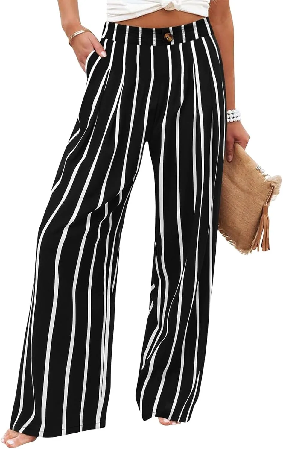 Women's Dress Pants Cotton Linen Wide Leg Pants with Pockets Button Down Office Pleated Business Casual Work Trousers