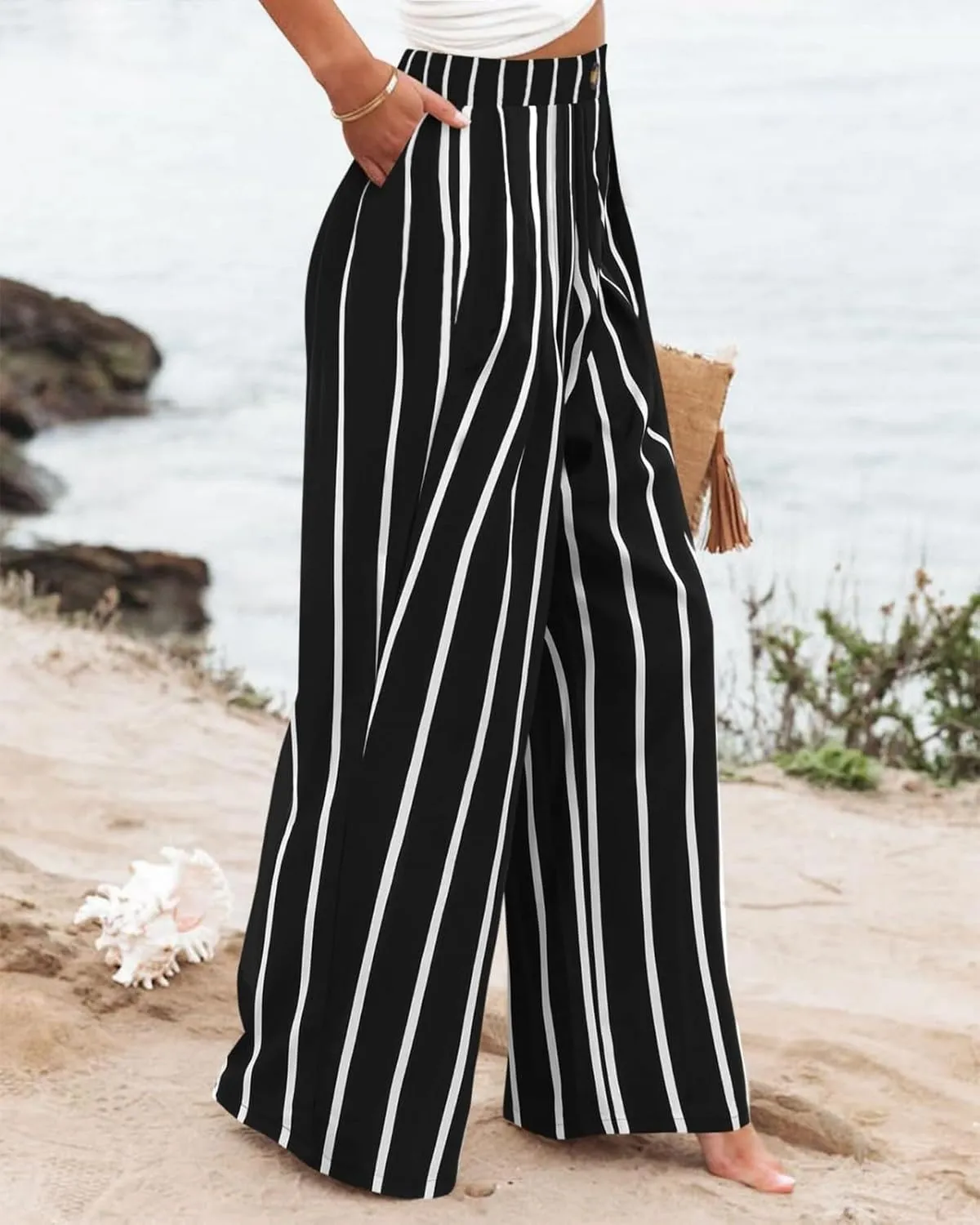 Women's Dress Pants Cotton Linen Wide Leg Pants with Pockets Button Down Office Pleated Business Casual Work Trousers