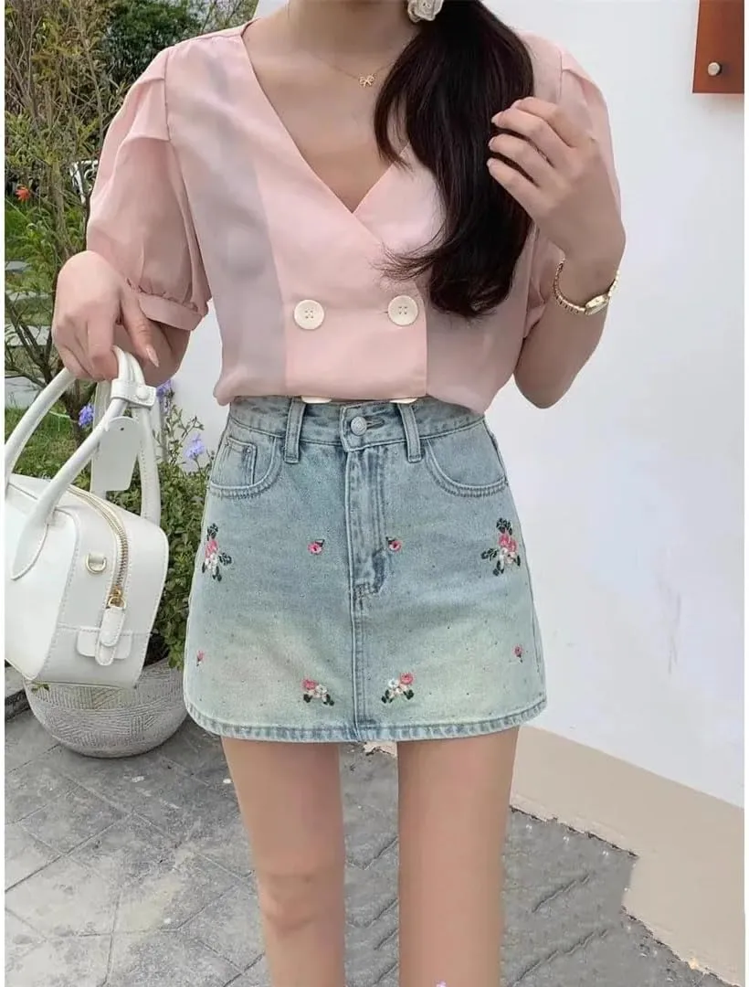 Women's Embroidery Short Skirt High-Waisted A- Line Denim Skirt