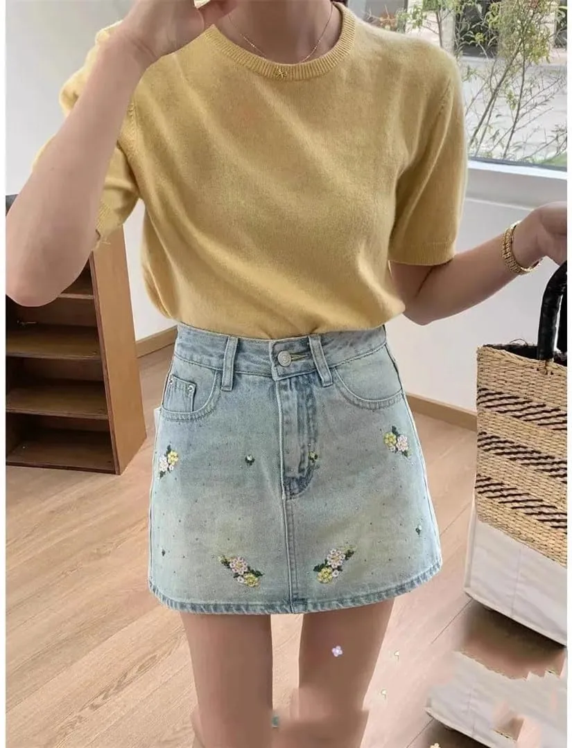 Women's Embroidery Short Skirt High-Waisted A- Line Denim Skirt