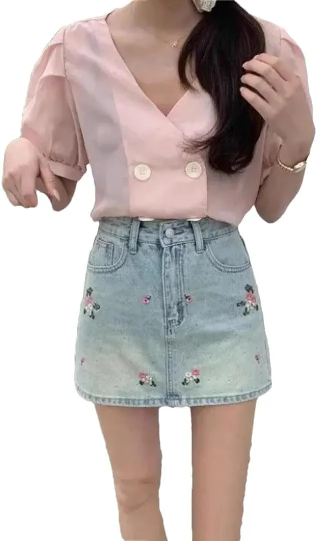 Women's Embroidery Short Skirt High-Waisted A- Line Denim Skirt