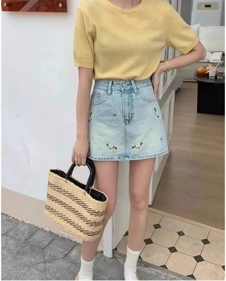 Women's Embroidery Short Skirt High-Waisted A- Line Denim Skirt