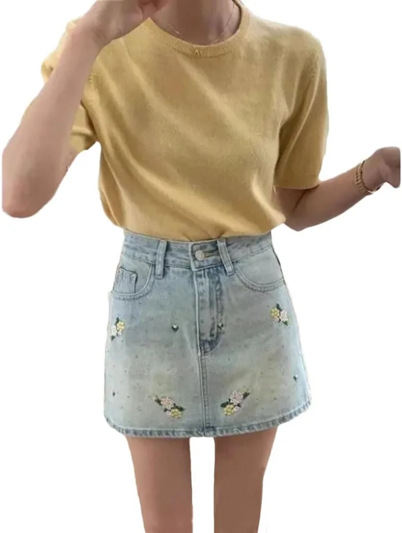 Women's Embroidery Short Skirt High-Waisted A- Line Denim Skirt