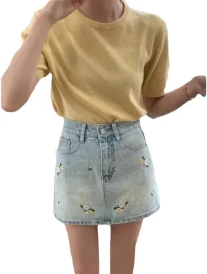 Women's Embroidery Short Skirt High-Waisted A- Line Denim Skirt