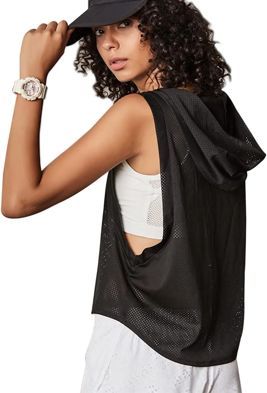 Women's Fitness Sleeveless Mesh Hoodie Sports Running T-shirts Workout Tops