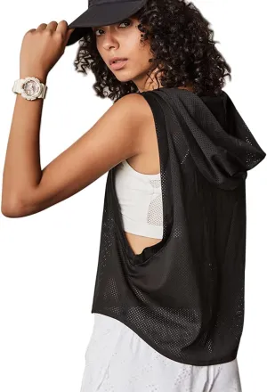 Women's Fitness Sleeveless Mesh Hoodie Sports Running T-shirts Workout Tops
