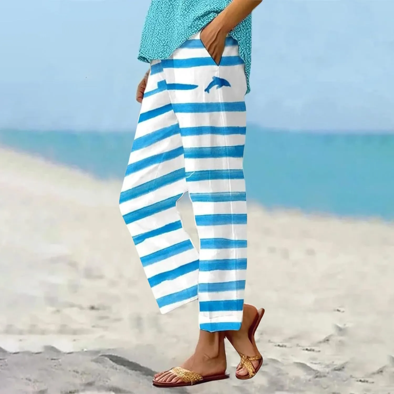 Womens High Waist Linen Pants Drawstring Loose Fit Summer Cute Graphic Casual Pants Trousers with Side Pockets
