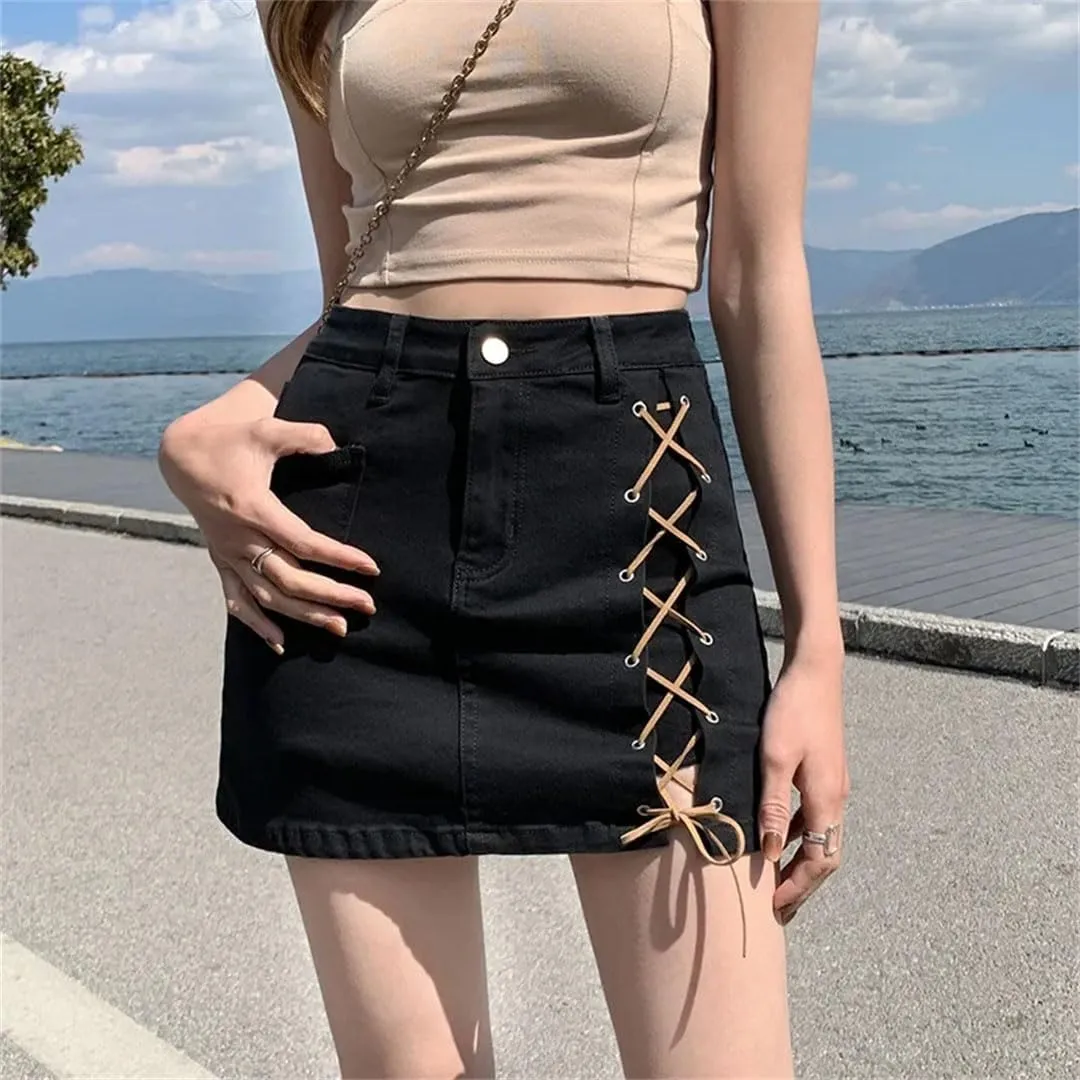 Women's High-Waisted A- Line Denim Mini Dress Side Slit Binding Fashion Skirt