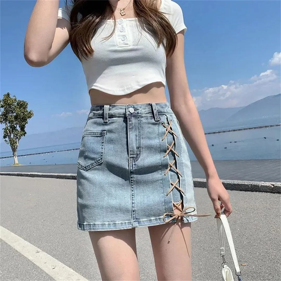 Women's High-Waisted A- Line Denim Mini Dress Side Slit Binding Fashion Skirt