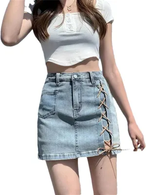 Women's High-Waisted A- Line Denim Mini Dress Side Slit Binding Fashion Skirt