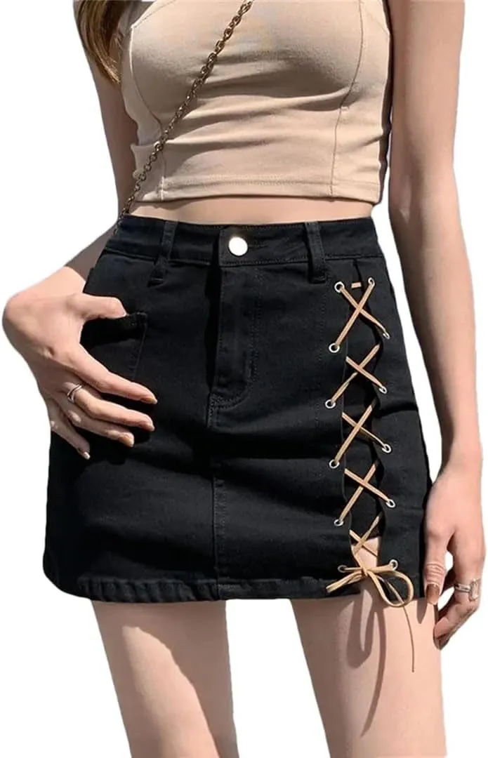 Women's High-Waisted A- Line Denim Mini Dress Side Slit Binding Fashion Skirt