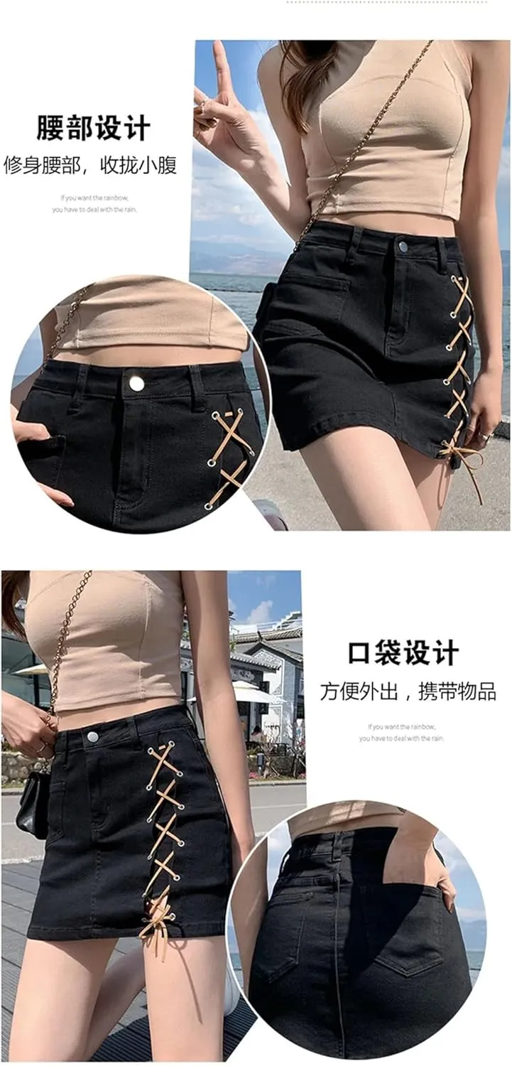 Women's High-Waisted A- Line Denim Mini Dress Side Slit Binding Fashion Skirt
