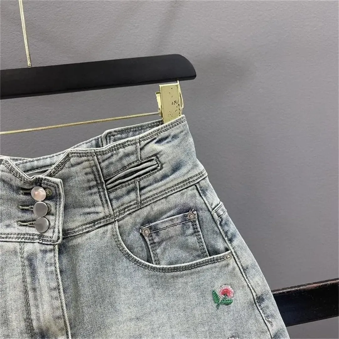 Women's High-Waisted Slimming Mini Dress Style Embroidered Denim Skirt with A- Line Hip Accent Skirt