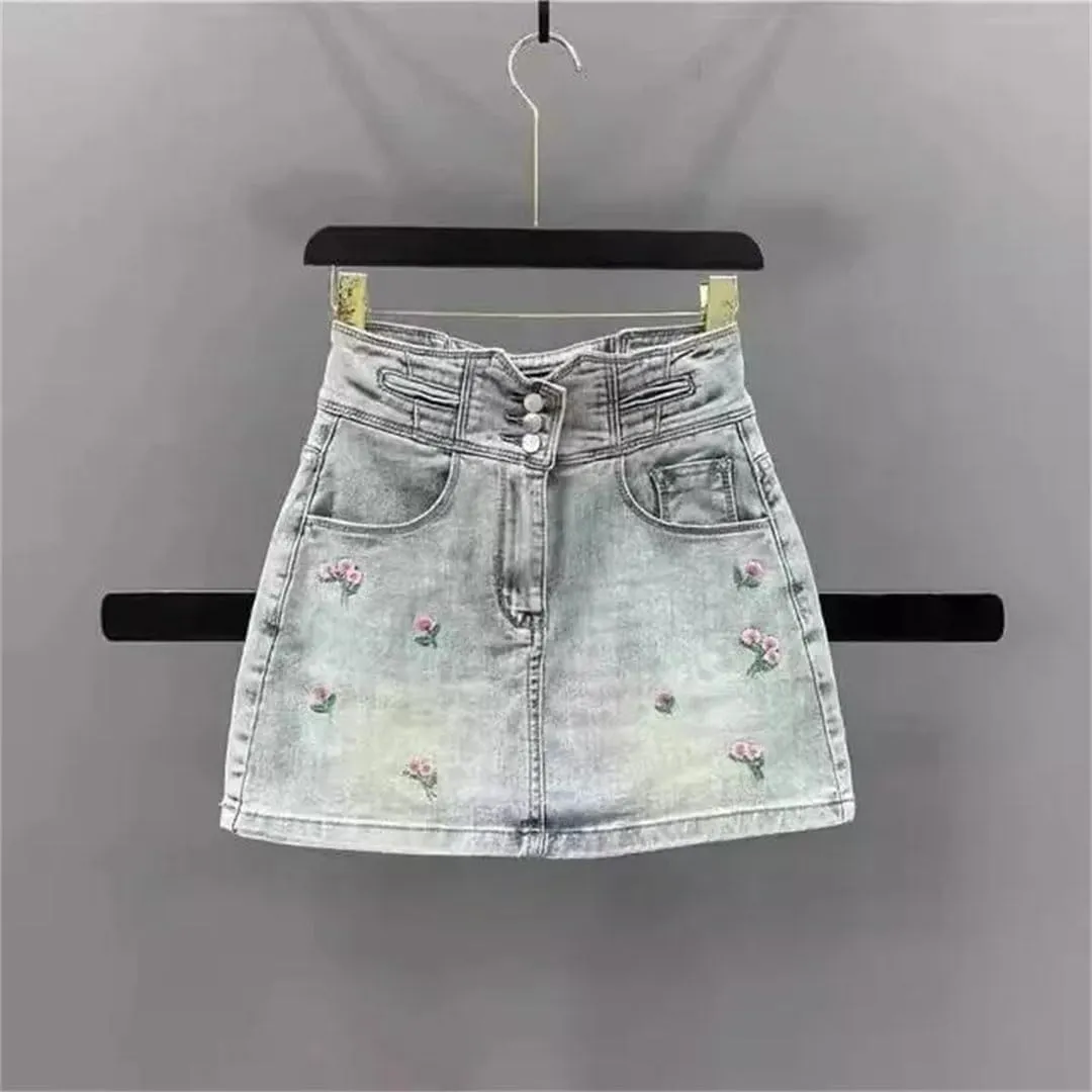 Women's High-Waisted Slimming Mini Dress Style Embroidered Denim Skirt with A- Line Hip Accent Skirt