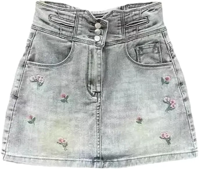Women's High-Waisted Slimming Mini Dress Style Embroidered Denim Skirt with A- Line Hip Accent Skirt
