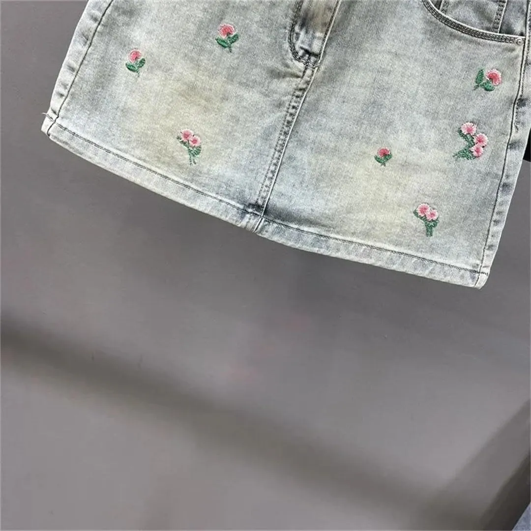 Women's High-Waisted Slimming Mini Dress Style Embroidered Denim Skirt with A- Line Hip Accent Skirt