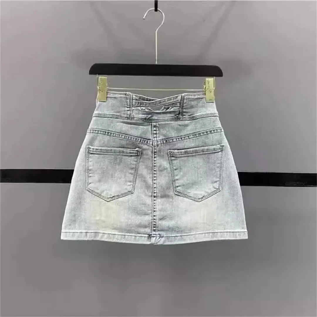 Women's High-Waisted Slimming Mini Dress Style Embroidered Denim Skirt with A- Line Hip Accent Skirt
