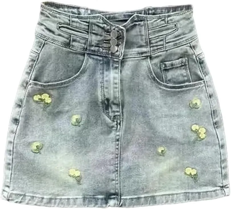 Women's High-Waisted Slimming Mini Dress Style Embroidered Denim Skirt with A- Line Hip Accent Skirt