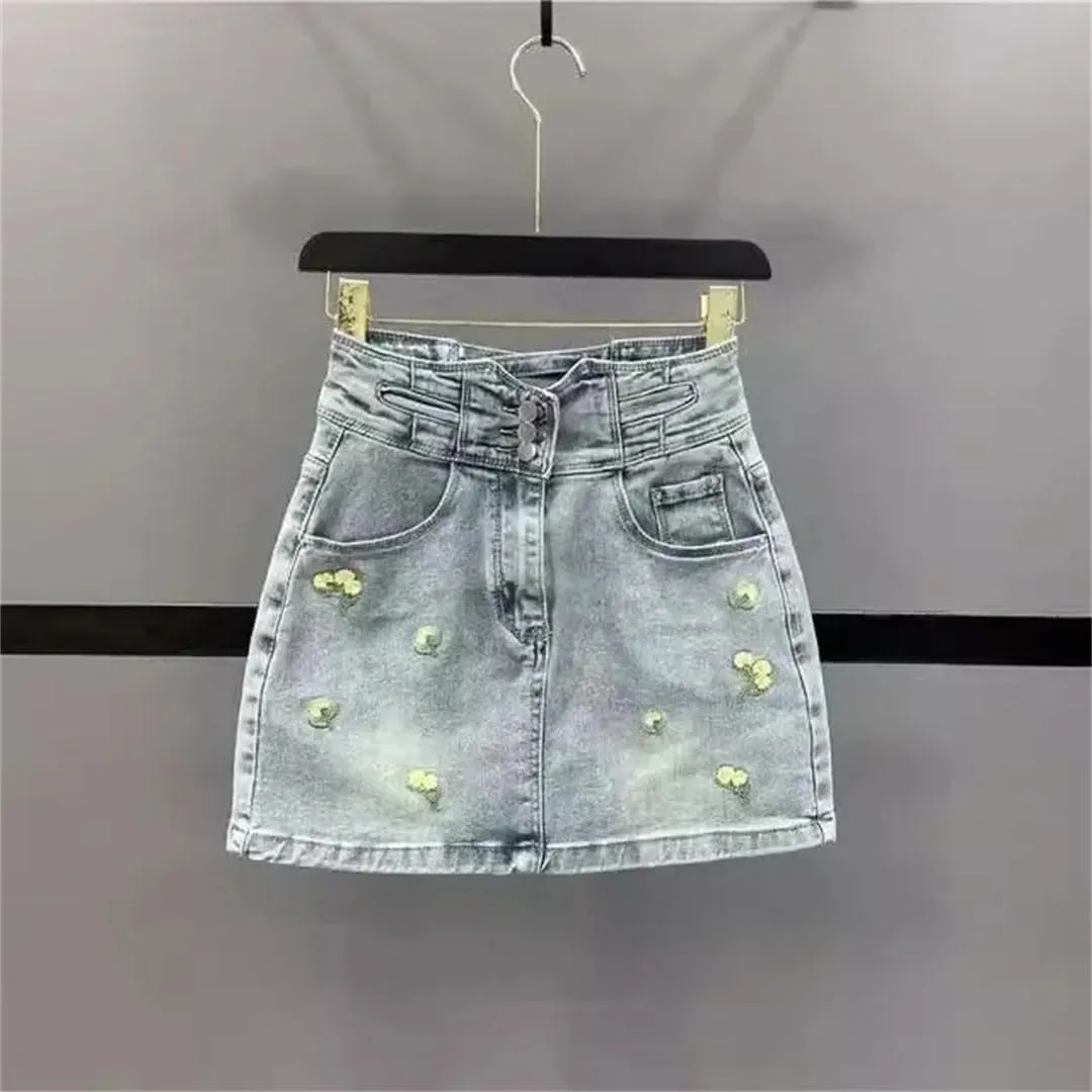 Women's High-Waisted Slimming Mini Dress Style Embroidered Denim Skirt with A- Line Hip Accent Skirt