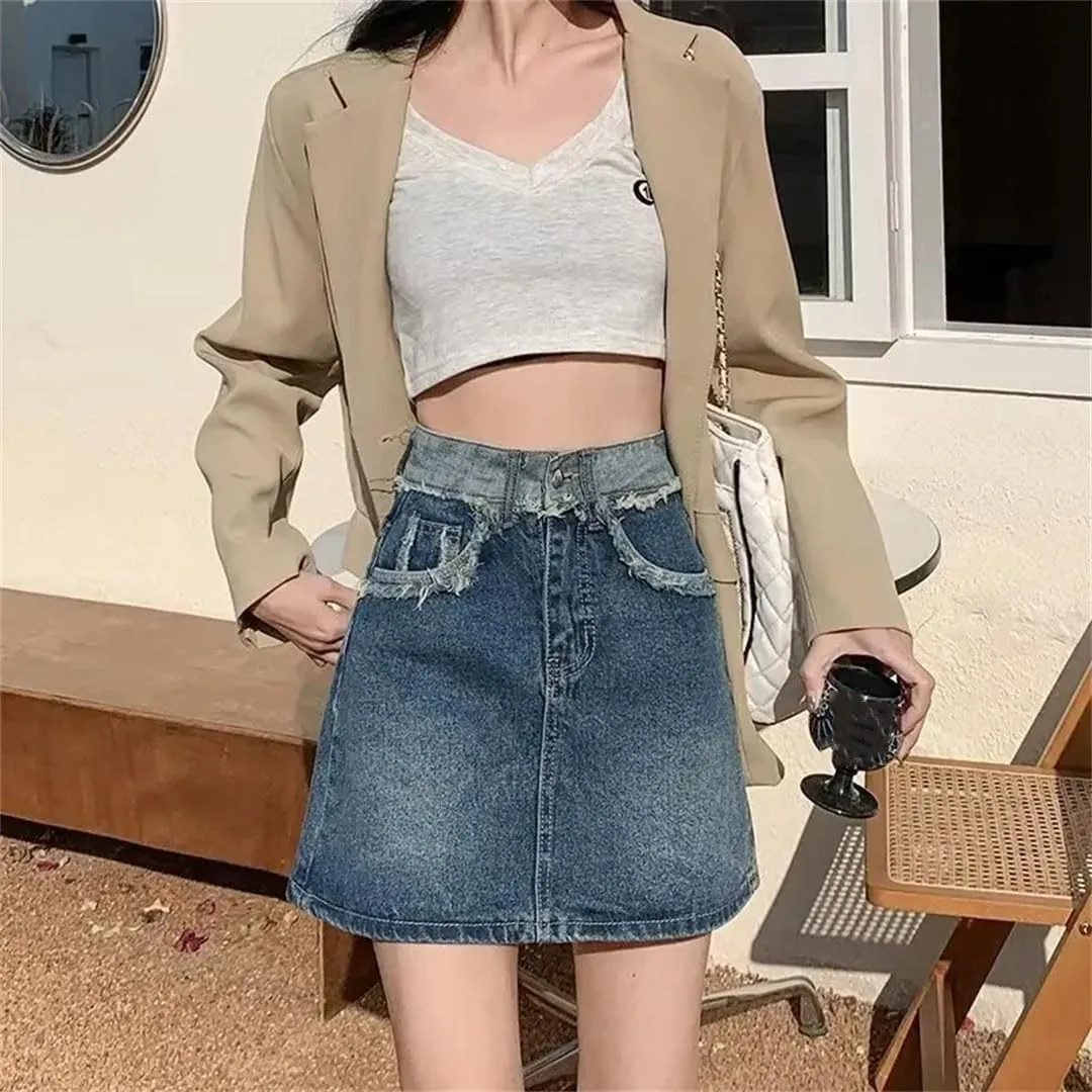 Women's Leisure Vintage Fringed Denim Mini Dress High-Waisted Slimming Bodycon Skirt A- Line Skirt