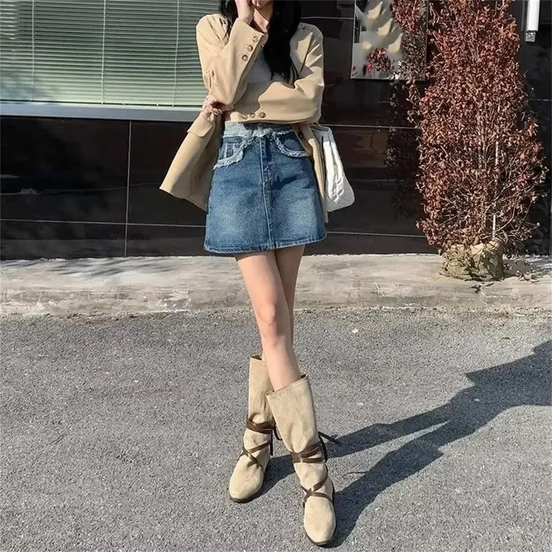 Women's Leisure Vintage Fringed Denim Mini Dress High-Waisted Slimming Bodycon Skirt A- Line Skirt