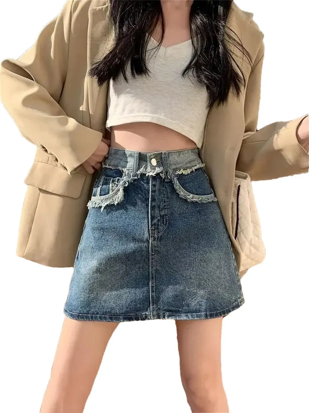 Women's Leisure Vintage Fringed Denim Mini Dress High-Waisted Slimming Bodycon Skirt A- Line Skirt