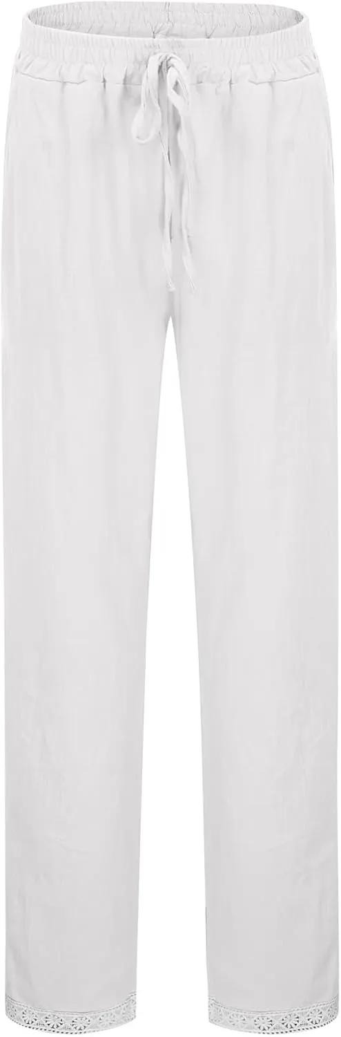 Women's Linen Pants Casual Summer Boho Straight Leg Solid Color High Waisted Linen Pants Plus Size Trousers with Pockets