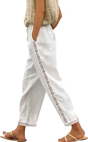 Women's Linen Pants Casual Summer Boho Straight Leg Solid Color High Waisted Linen Pants Plus Size Trousers with Pockets