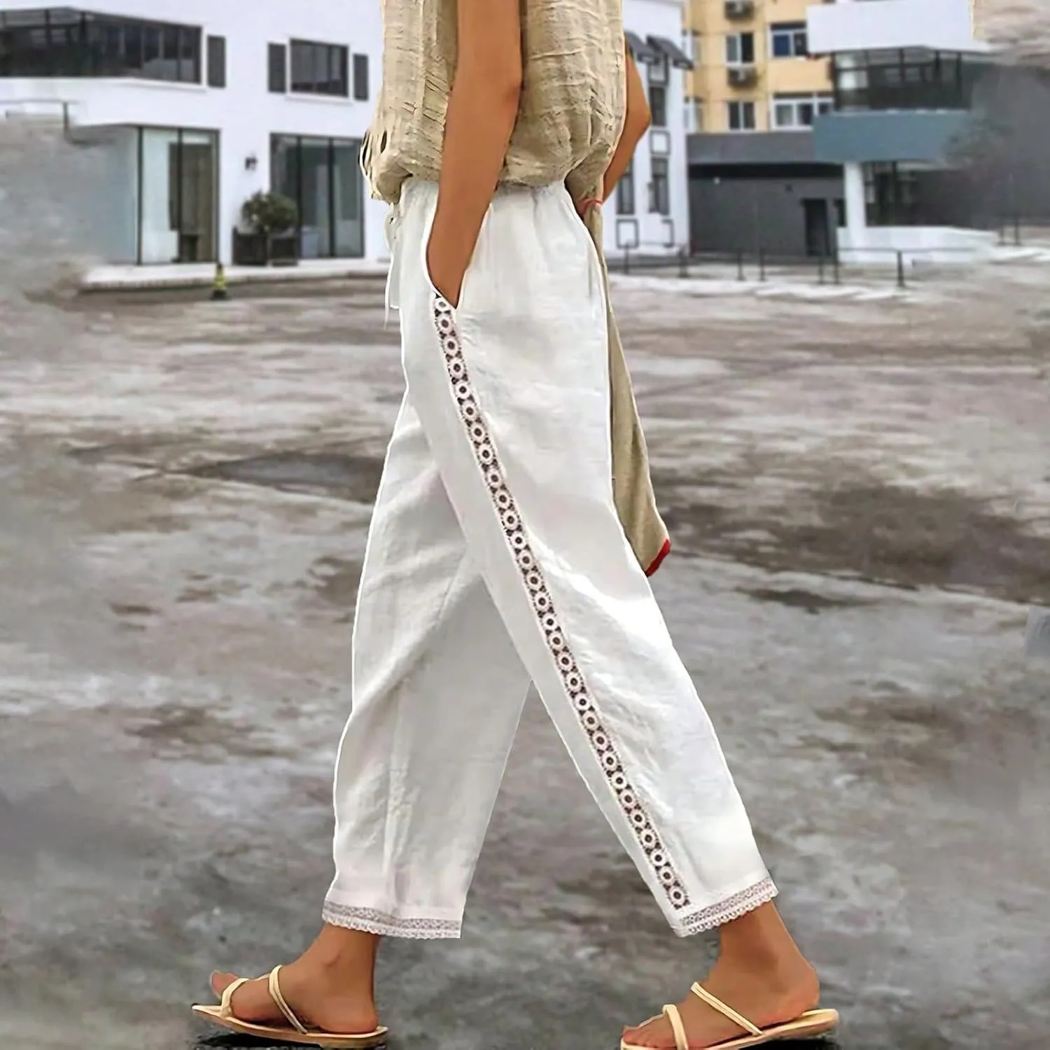Women's Linen Pants Casual Summer Boho Straight Leg Solid Color High Waisted Linen Pants Plus Size Trousers with Pockets