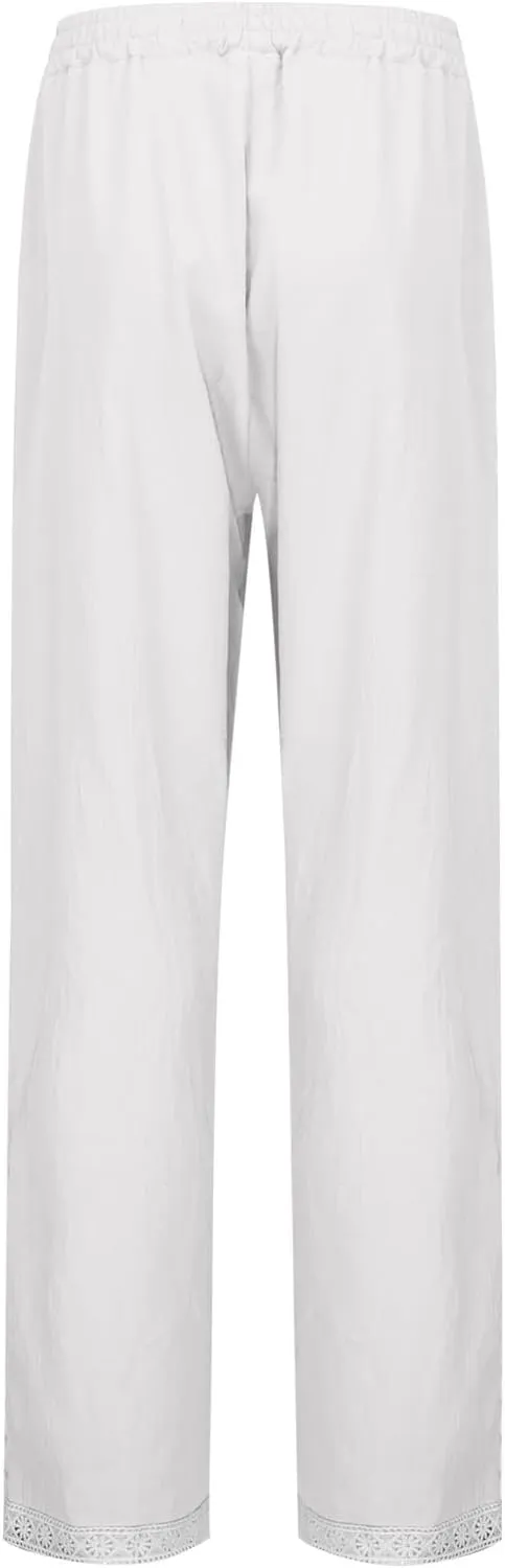 Women's Linen Pants Casual Summer Boho Straight Leg Solid Color High Waisted Linen Pants Plus Size Trousers with Pockets