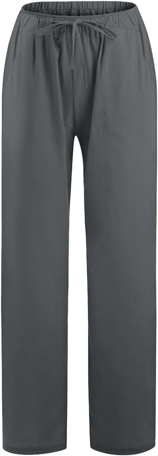 Womens Linen Pants Casual Summer Loose Beach Solid Color Plus Size High Waist Linen Pants Plus Size Trousers with Pockets