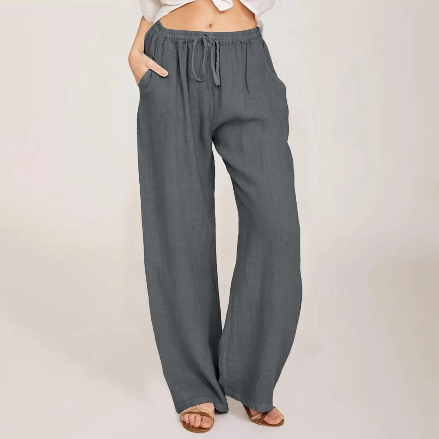 Womens Linen Pants Casual Summer Loose Beach Solid Color Plus Size High Waist Linen Pants Plus Size Trousers with Pockets