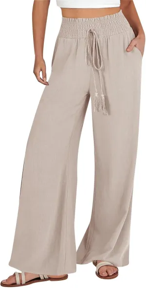Women's Linen Pants Summer Casual Palazzo Beach Pant Drawstring High Waist Wide Leg Trousers Vacation Outfits