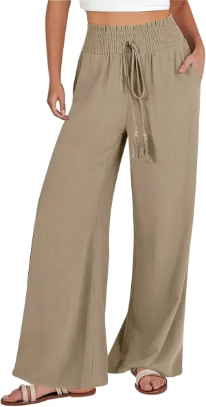 Women's Linen Pants Summer Casual Palazzo Beach Pant Drawstring High Waist Wide Leg Trousers Vacation Outfits