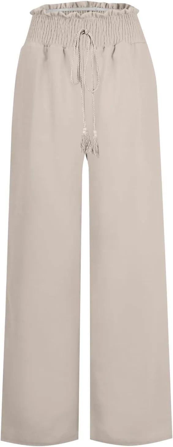 Women's Linen Pants Summer Casual Palazzo Beach Pant Drawstring High Waist Wide Leg Trousers Vacation Outfits