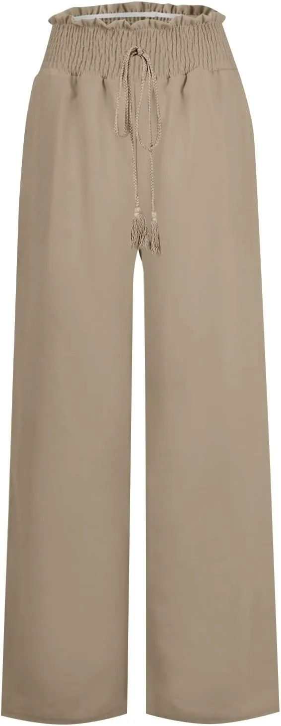 Women's Linen Pants Summer Casual Palazzo Beach Pant Drawstring High Waist Wide Leg Trousers Vacation Outfits