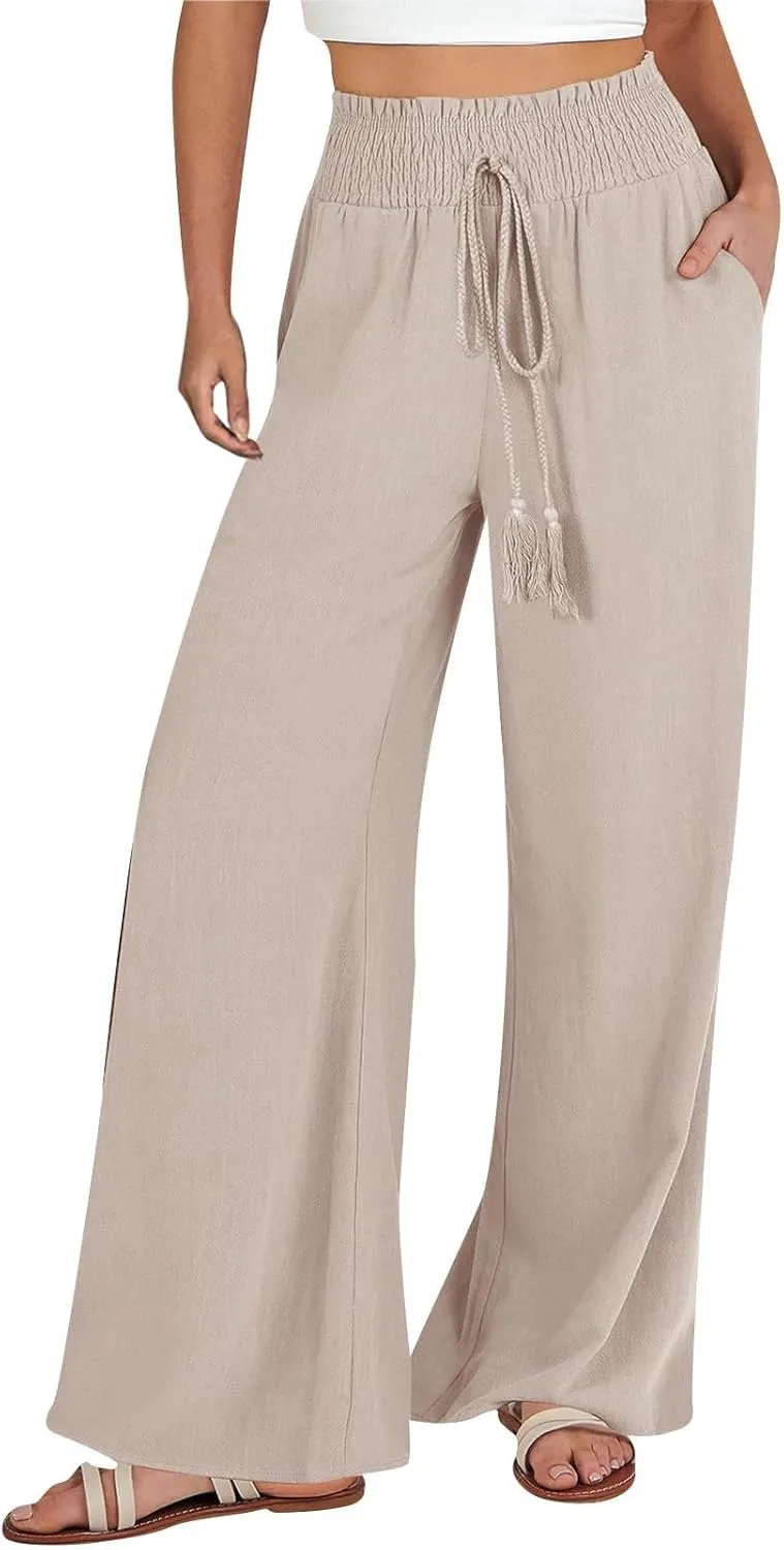 Women's Linen Pants Summer Casual Palazzo Beach Pant Drawstring High Waist Wide Leg Trousers Vacation Outfits