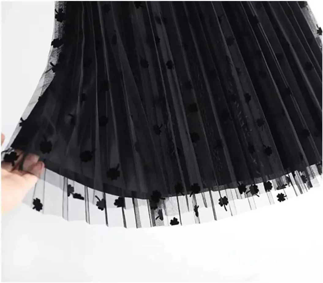 Women's Mesh Tulle Skirt Solid Color Patchwork All-Match Pleated A-Line Skirt for Ball Gown Midi Skirts