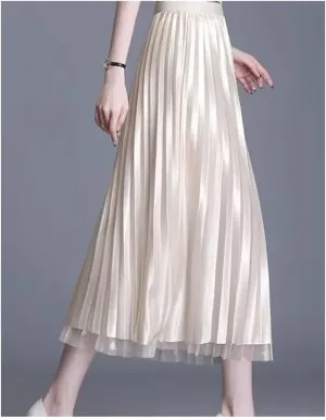Women's Mesh Tulle Skirt Solid Color Patchwork All-Match Pleated A-Line Skirt for Ball Gown Midi Skirts
