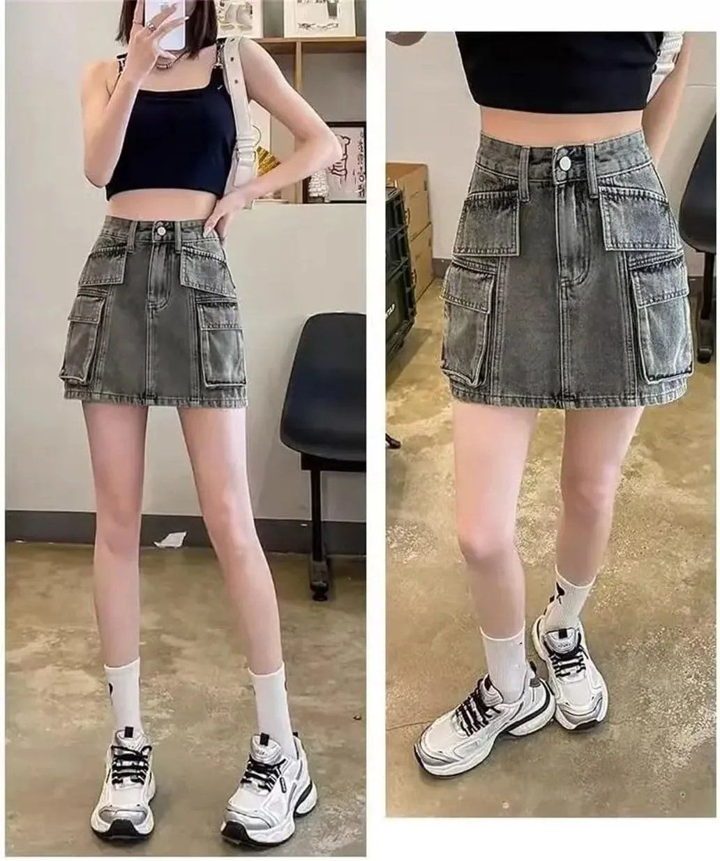 Women's Mini Dress High-Waisted Denim A- Line Skirt Anti-Exposure Korean Style Washing Mini Dress
