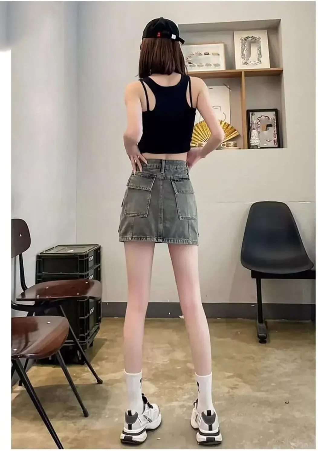 Women's Mini Dress High-Waisted Denim A- Line Skirt Anti-Exposure Korean Style Washing Mini Dress
