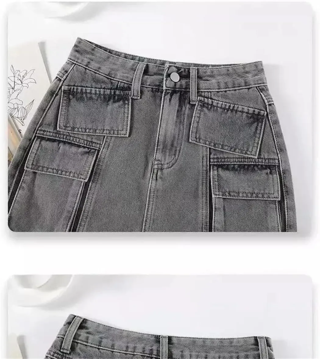 Women's Mini Dress High-Waisted Denim A- Line Skirt Anti-Exposure Korean Style Washing Mini Dress